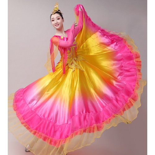 Red with gold flamenco dresses for women girls spanish bull dance dress opening chorus ballroom dresses